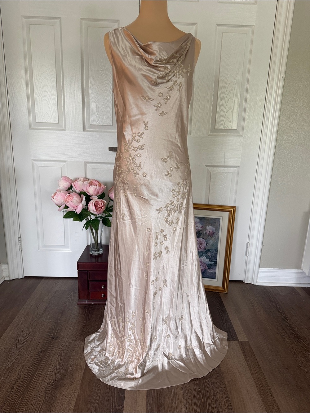 Champagne Satin Evening Gown with Embroidered Detail